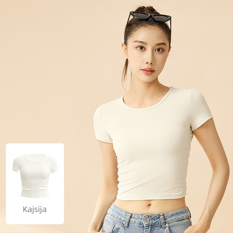 Ženska prugasta sportska majica s kratkim rukavima — odvodi vlagu, mješavina poliestera i spandexa (82,5%/17,5%), pogodna za fitness i jogu, proljeće 2025