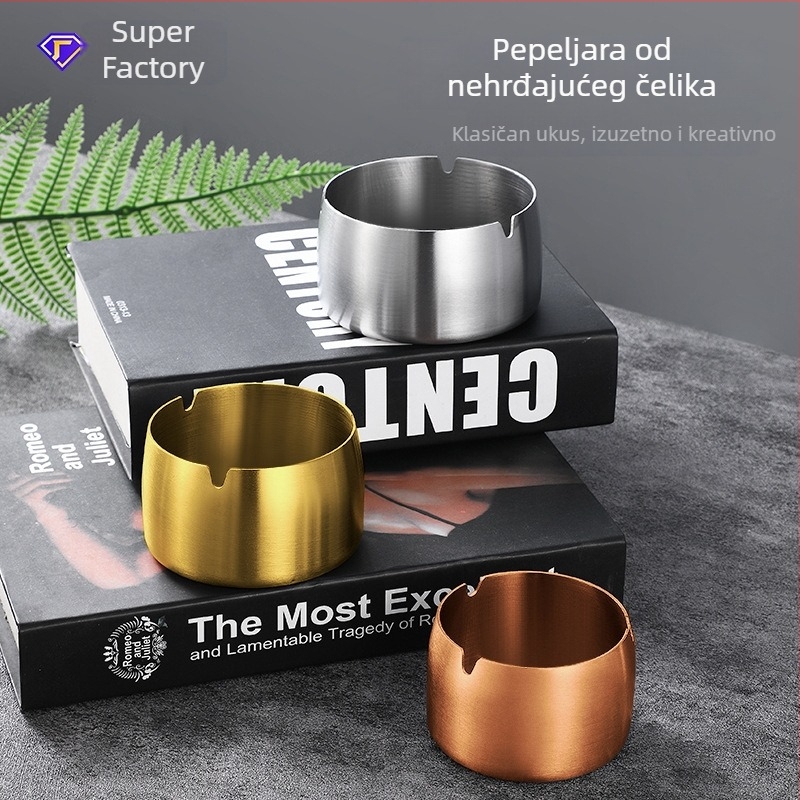 Pepeljara od nehrđajućeg čelika s otpornim na vjetar debelim dizajnom - otisak logotipa, ponovno upotrebljiva, moderni minimalisticki stil