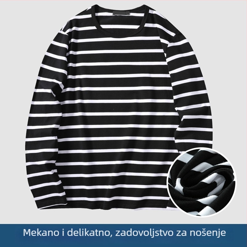 Muški dugi rukav majica s okruglim izrezom, prugasti uzorak, uski kroj, poliester