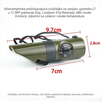 Vanjska 7-u-1 višefunkcionalna zviždaljka za preživljavanje s LED svjetlom, termometrom i kompasom