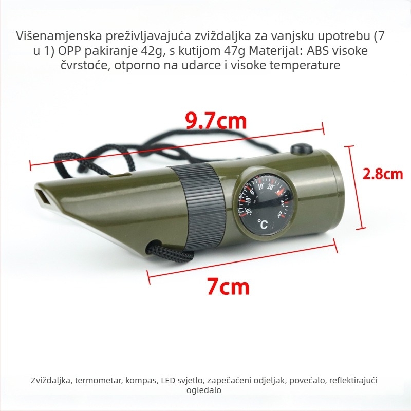 Vanjska 7-u-1 višefunkcionalna zviždaljka za preživljavanje s LED svjetlom, termometrom i kompasom