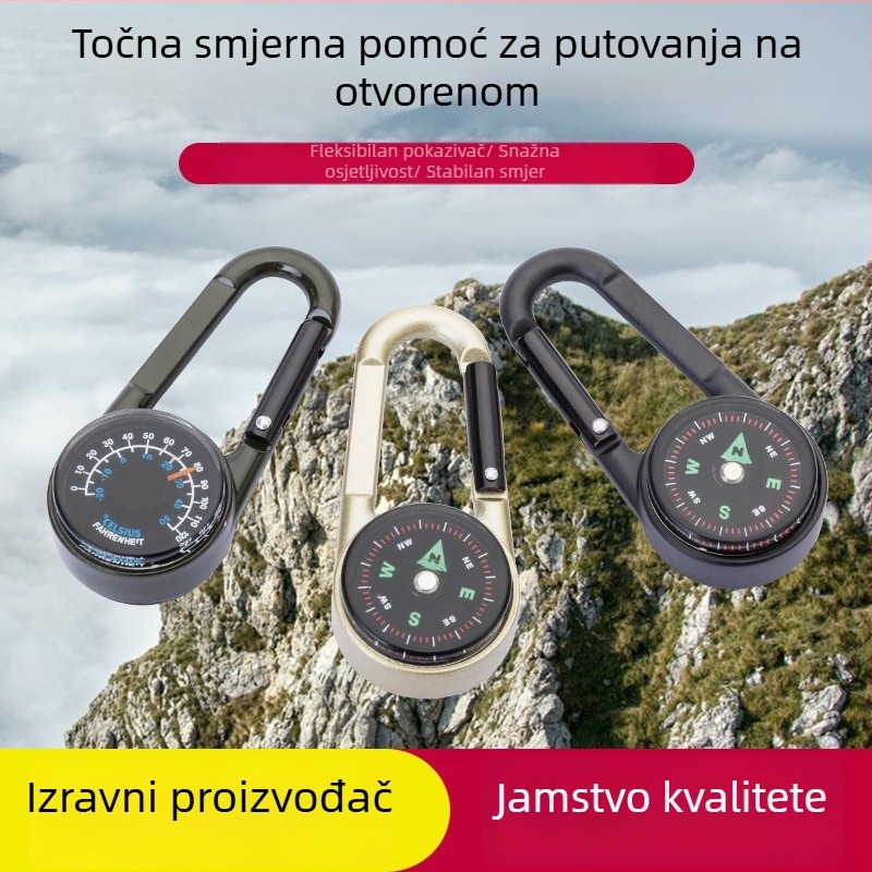 Dvostrani kompas od cinkovog legura s termometrom i karabinerom