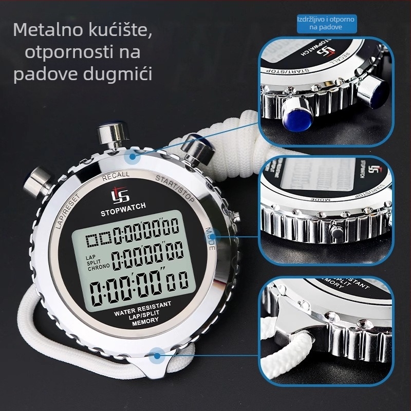 Elektronički štoper mjerač vremena za trčanje s pauzom; nehrđajući čelik, vodootporan, protuklizni, tiskano logo