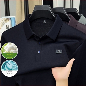 Muški polo s dugim rukavima, slobodan kroj; smjesa Mulberry svile s poliestrom/Lyocell/Spandex; prozračan, upija vlagu, proljeće/jesen