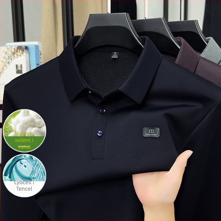 Muški polo s dugim rukavima, slobodan kroj; smjesa Mulberry svile s poliestrom/Lyocell/Spandex; prozračan, upija vlagu, proljeće/jesen