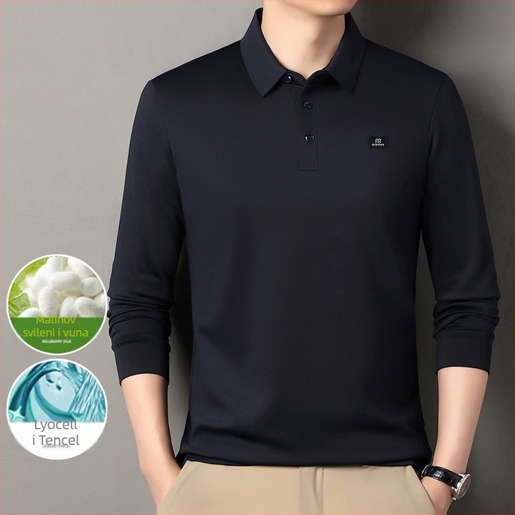 Muški polo s dugim rukavima, slobodan kroj; smjesa Mulberry svile s poliestrom/Lyocell/Spandex; prozračan, upija vlagu, proljeće/jesen