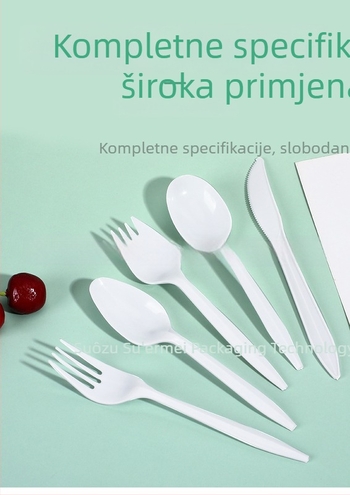 Jednokratna PS plastična vilica za deserte, kolače, voće i steakove, pojedinačno pakirana; pakiranje 1000 kom.; biorazgradiva; moguć ispis logotipa
