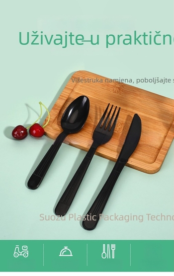 Jednokratna PS plastična vilica za deserte, kolače, voće i steakove, pojedinačno pakirana; pakiranje 1000 kom.; biorazgradiva; moguć ispis logotipa