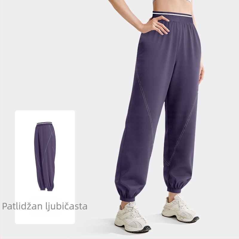 Ženske sportske hlače brzo sušeće, širokog kroja, tkanina od mješavine poliestera (94% poliester, 6% spandex), prozračne i lagane za treninge u proljeće, ljeto i jesen