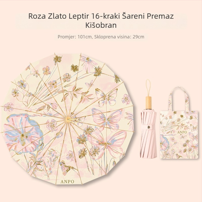 16-rebra ojačani kišobran u kineskom stilu za sunce i kišu, UV zaštita >50, sklopiv, aluminijske rebra