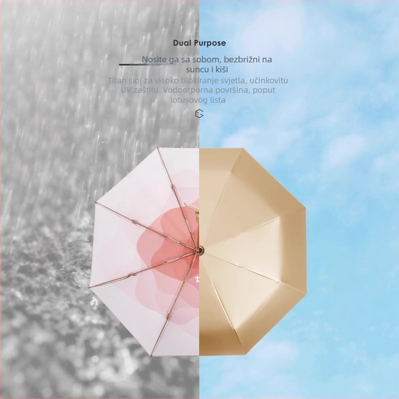 Trostrani sklopivi suncobran s UV zaštitom UPF50+, 8 rebara, aluminijski štap, drvena ručka, platno 210T