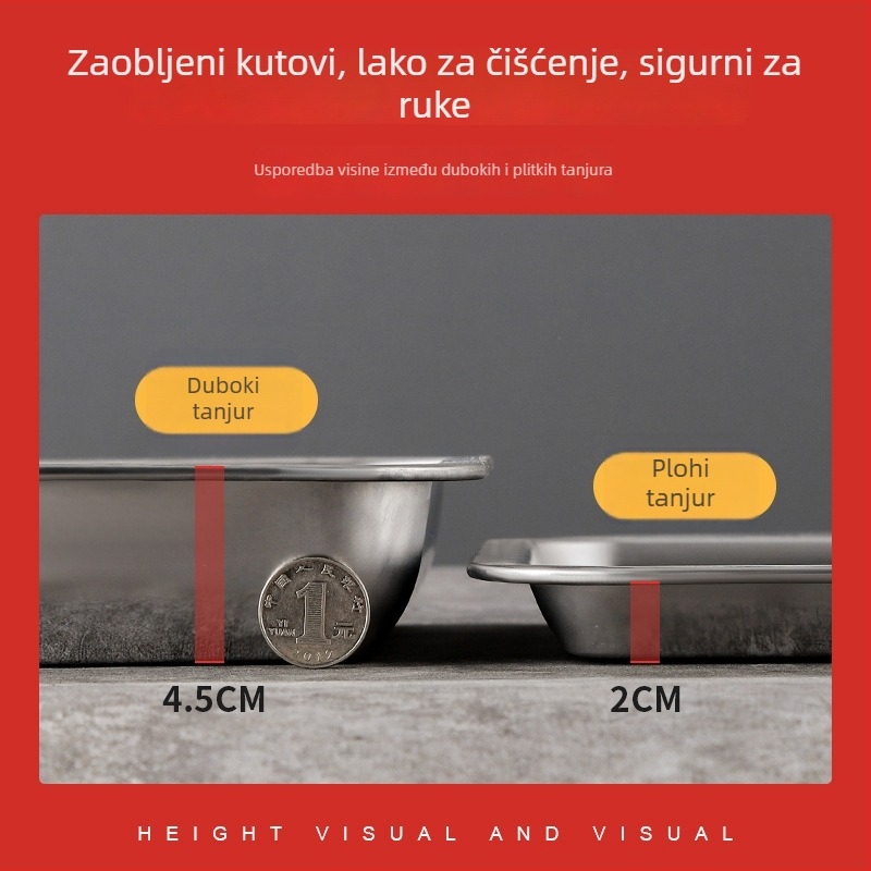 Kvadratni plitki tanjur od nehrđajućeg čelika, elektropolirana površina, jednobojni dizajn, moderni minimalistički stil, za hotele i obroke