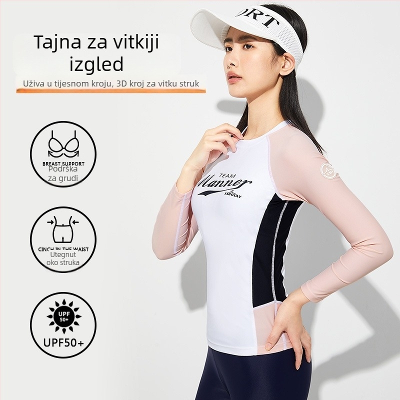 Ženski dugi rukav brzosušeći kupaći kostim, konzervativni kroj, uski, zaštita od sunca, podstava 20% Spandex, 80% Nylon, 210 g/m2, s jastučićem za prsa