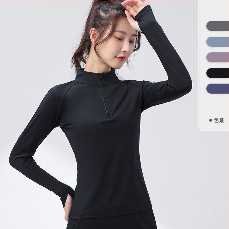 Ženski fitness top - slim-fit, brzo se suši, topao, najlon s podstavom od spandeksa, jednobojni model za jesen/zimu