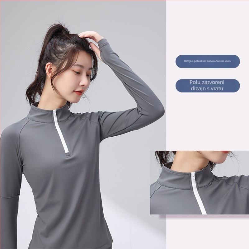 Ženski fitness top - slim-fit, brzo se suši, topao, najlon s podstavom od spandeksa, jednobojni model za jesen/zimu