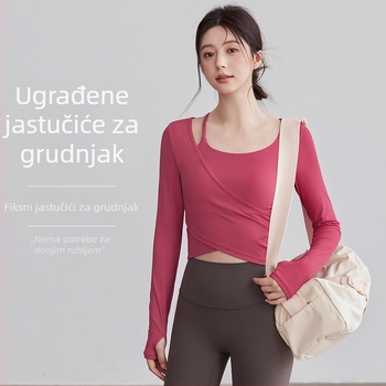 Ženski yoga top s ugrađenom podstavom za grudnjak, uski kroj, dugi rukav, duljina do struka, materijal: najlon 76% + spandeks 24%, za Pilates i fitness