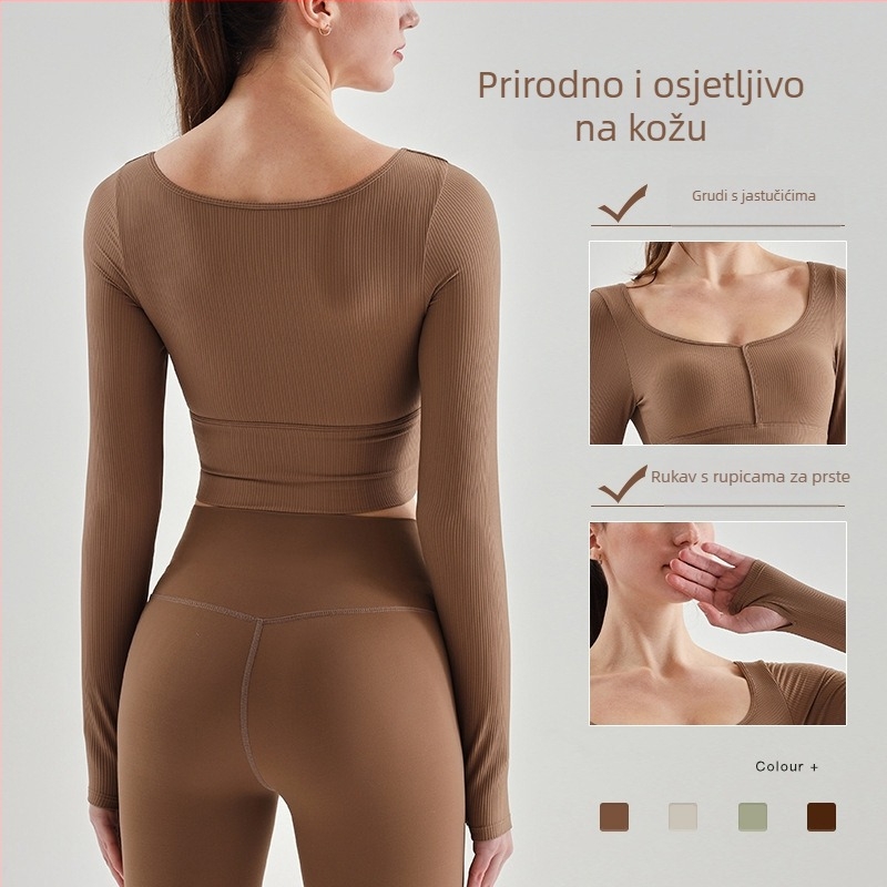 Ruifusion Ženski joga top s fiksnim košaricama, dugim rukavima i jastukom za prsni dio – mršav kroj, materijal: najlon 69% / podstava 31%