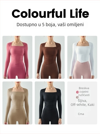 Ženski dugački rukav joge i fitness top s ugrađenim košaricama u obliku kapljice, plisirani detalji, uski kroj, prozračni materijal nylon-spandex.