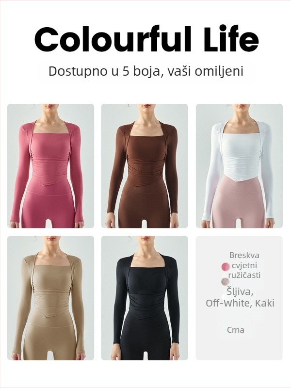 Ženski dugački rukav joge i fitness top s ugrađenim košaricama u obliku kapljice, plisirani detalji, uski kroj, prozračni materijal nylon-spandex.
