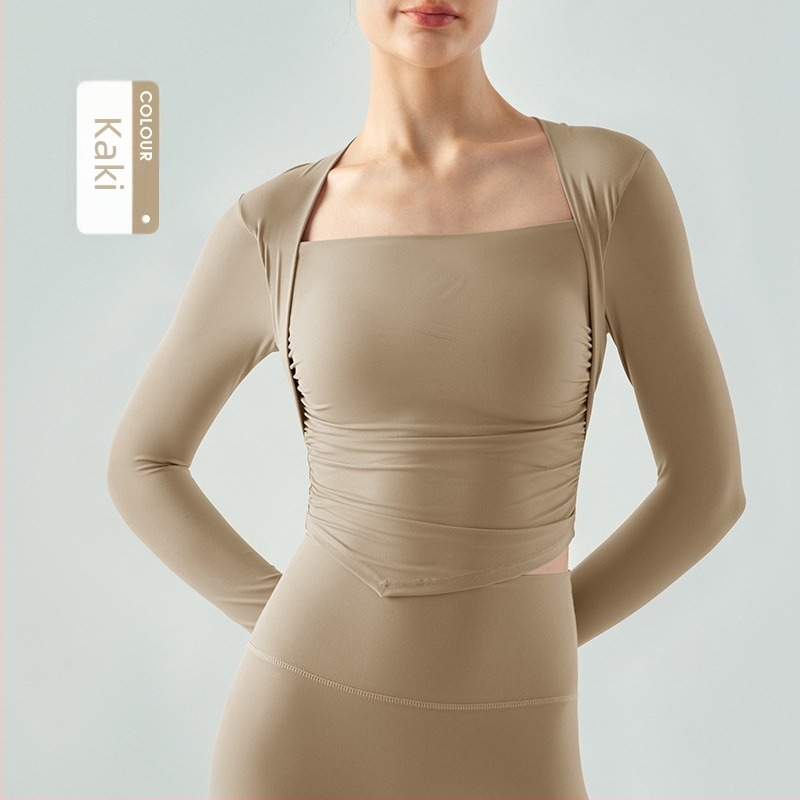 Ženski dugački rukav joge i fitness top s ugrađenim košaricama u obliku kapljice, plisirani detalji, uski kroj, prozračni materijal nylon-spandex.