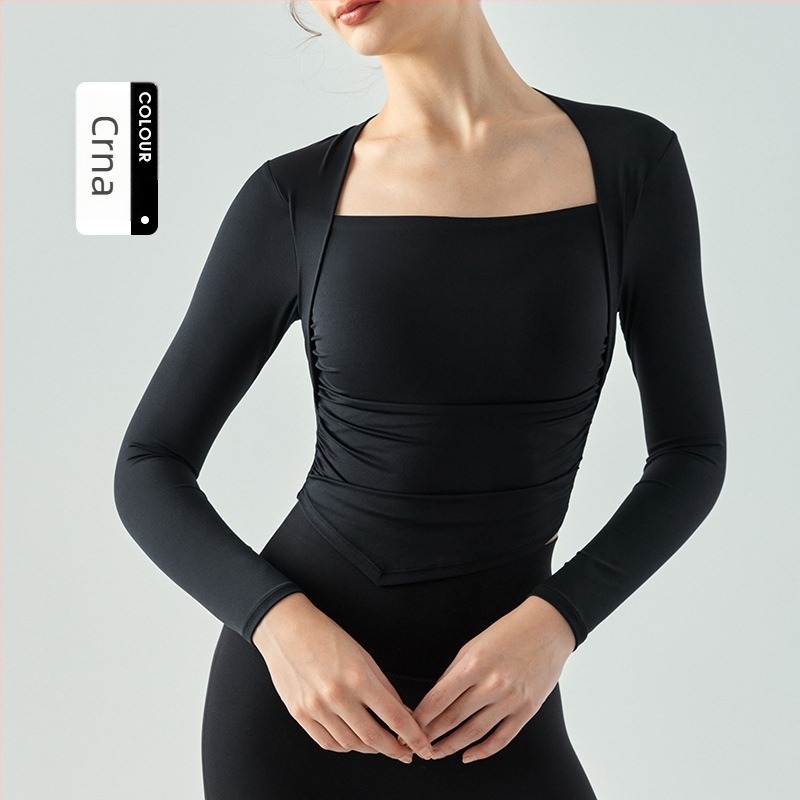 Ženski dugački rukav joge i fitness top s ugrađenim košaricama u obliku kapljice, plisirani detalji, uski kroj, prozračni materijal nylon-spandex.