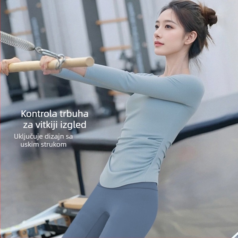 Joga top s dugim rukavima – V izrez, uski kroj za žene (80% najlon + 20% spandex; podstava 87% spandex; žene; zima, proljeće, jesen)