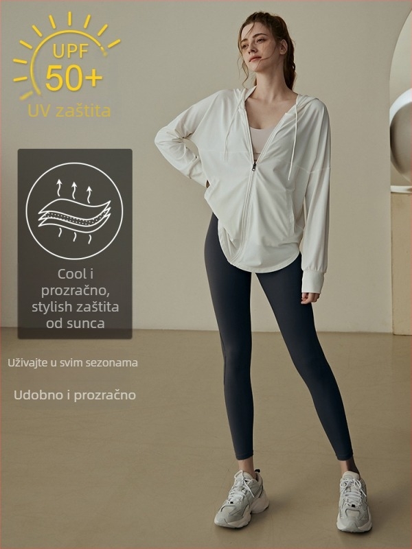 Ženska joga i fitness jakna s UV zaštitom, Nylon 85% i podstava od Spandexa 15%, jednobojna, za cijelu godinu, vanjska odjeća za trčanje