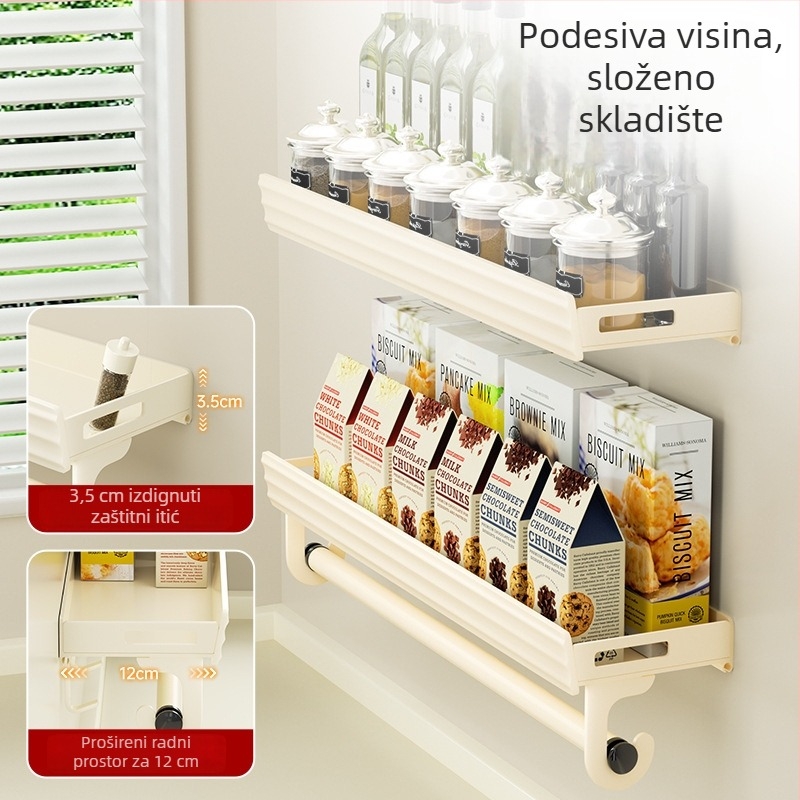 Zidni držač za kuhinjske začine, bez bušenja, aluminij visoke klase, višenamjenski, s kukama ili šipkama
