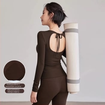 Joga top s otvorenim leđima i užicama, s jastučićem za prsni koš, prozračan Nylon-Spandex, dugi rukav, standardna duljina