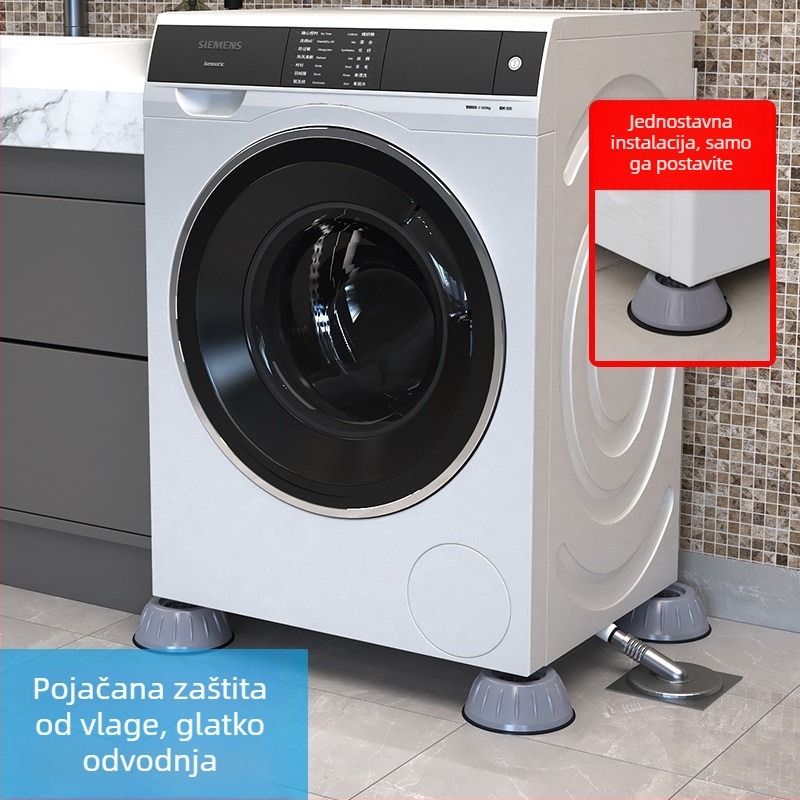 Podnožje za perilicu rublja — univerzalno, protuklizno, apsorpcija vibracija, podizno, plastična osnova za perilicu i hladnjak