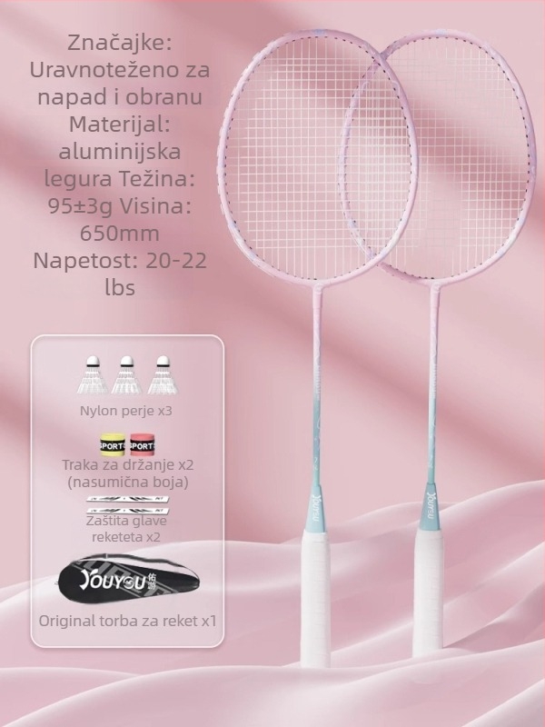 Raketa za badminton Youyou — okvir od aluminijske legure, najlonske žice, 95–100 g, za amatere i juniore, srednja čvrstoća šipke