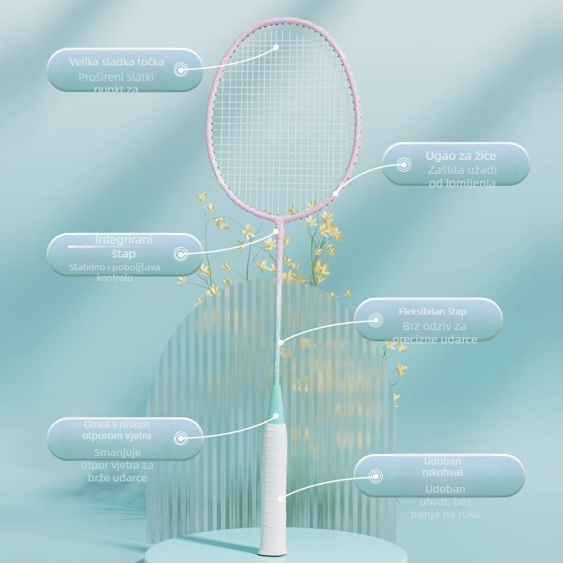 Raketa za badminton Youyou — okvir od aluminijske legure, najlonske žice, 95–100 g, za amatere i juniore, srednja čvrstoća šipke