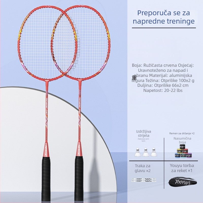 Raketa za badminton Youyou — okvir od aluminijske legure, najlonske žice, 95–100 g, za amatere i juniore, srednja čvrstoća šipke