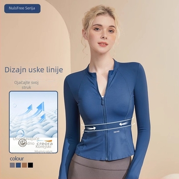 Ženska jakna za jogu s punim zatvaračem, slim fit, dugi rukavi, okrugli vrat, bez kapulje, materijal: sintetička smjesa 65% najlon
