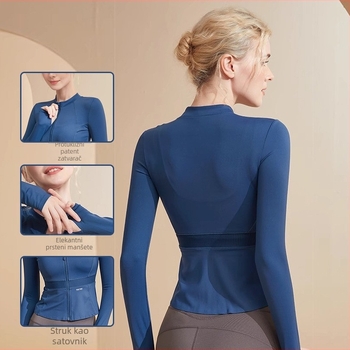 Ženska jakna za jogu s punim zatvaračem, slim fit, dugi rukavi, okrugli vrat, bez kapulje, materijal: sintetička smjesa 65% najlon
