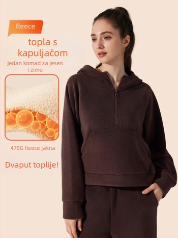 Joga jakna s kapuljom, fleece unutra, prednji zatvarač, Ao-grain baršunasta tkanina, dugi rukavi