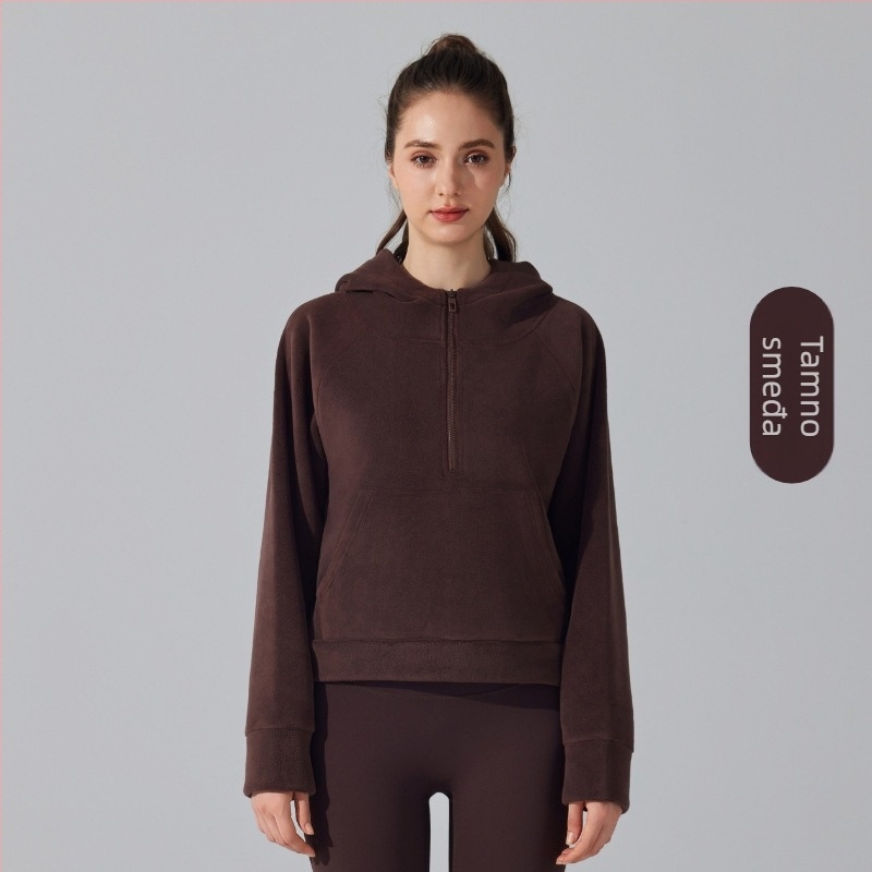 Joga jakna s kapuljom, fleece unutra, prednji zatvarač, Ao-grain baršunasta tkanina, dugi rukavi