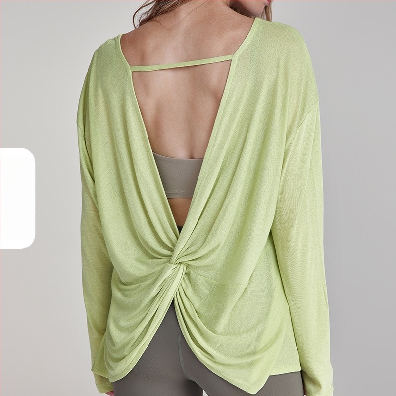 Ženski top za jogu s šupljim leđima i čvorom na leđima, dugi rukavi; Materijal: Tencel vlakno; Sastav: 85% poliester; Podstava: pamuk s 15% viskoze