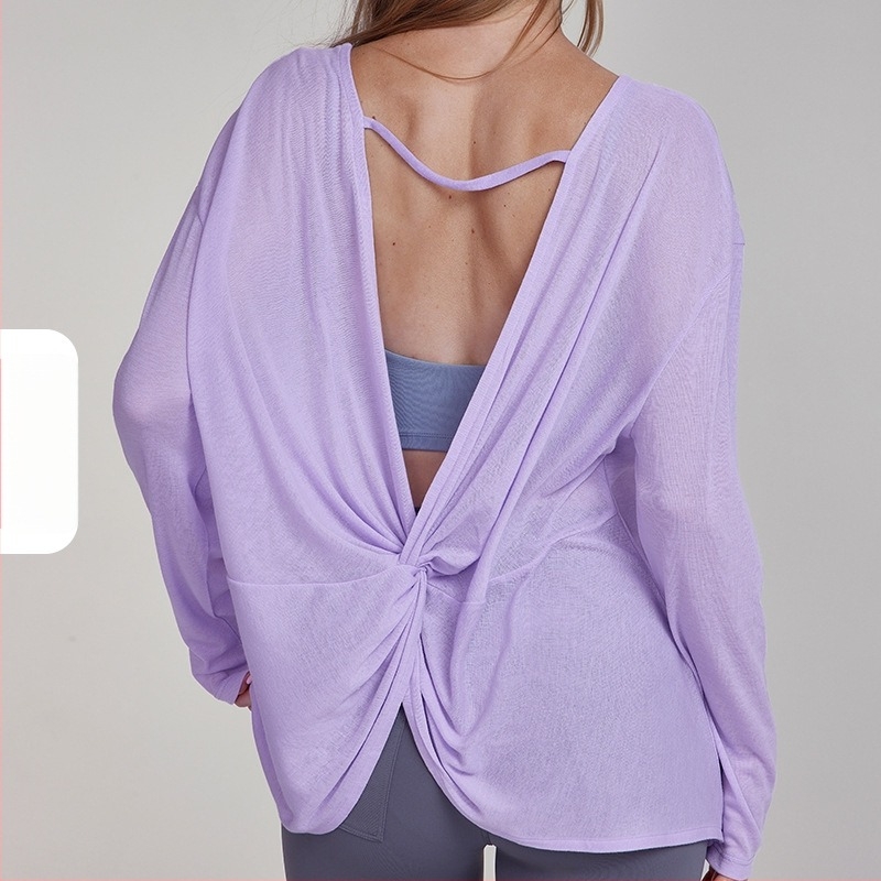 Ženski top za jogu s šupljim leđima i čvorom na leđima, dugi rukavi; Materijal: Tencel vlakno; Sastav: 85% poliester; Podstava: pamuk s 15% viskoze