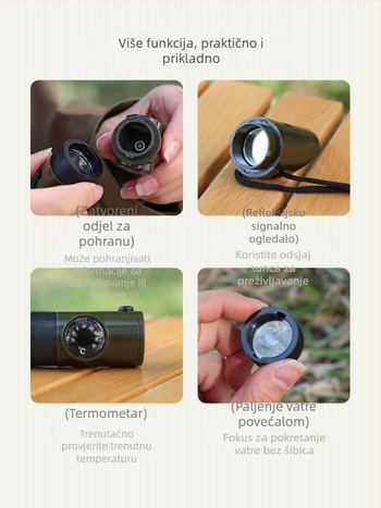 Vanjska zviždaljka 7-u-1 za preživljavanje s LED svjetlom, termometrom i kompasom