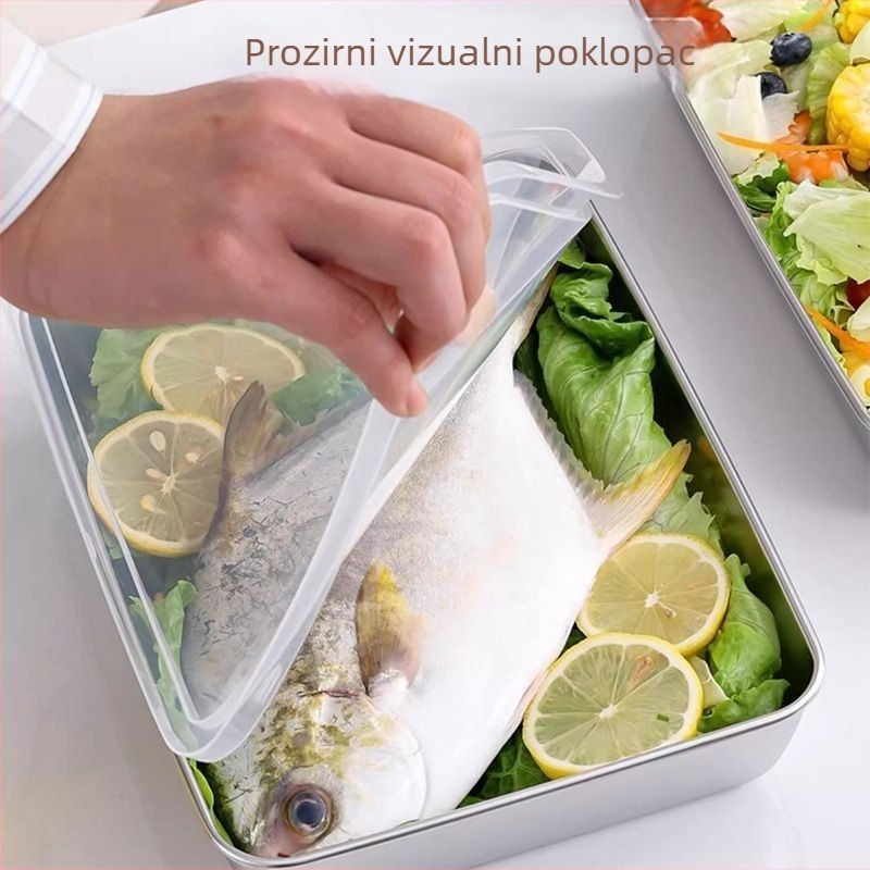 Nehrđajući čelik posuda s poklopcem, pravokutna, za čuvanje svježeg i pripremu obroka; zapremina 800–1000 ml