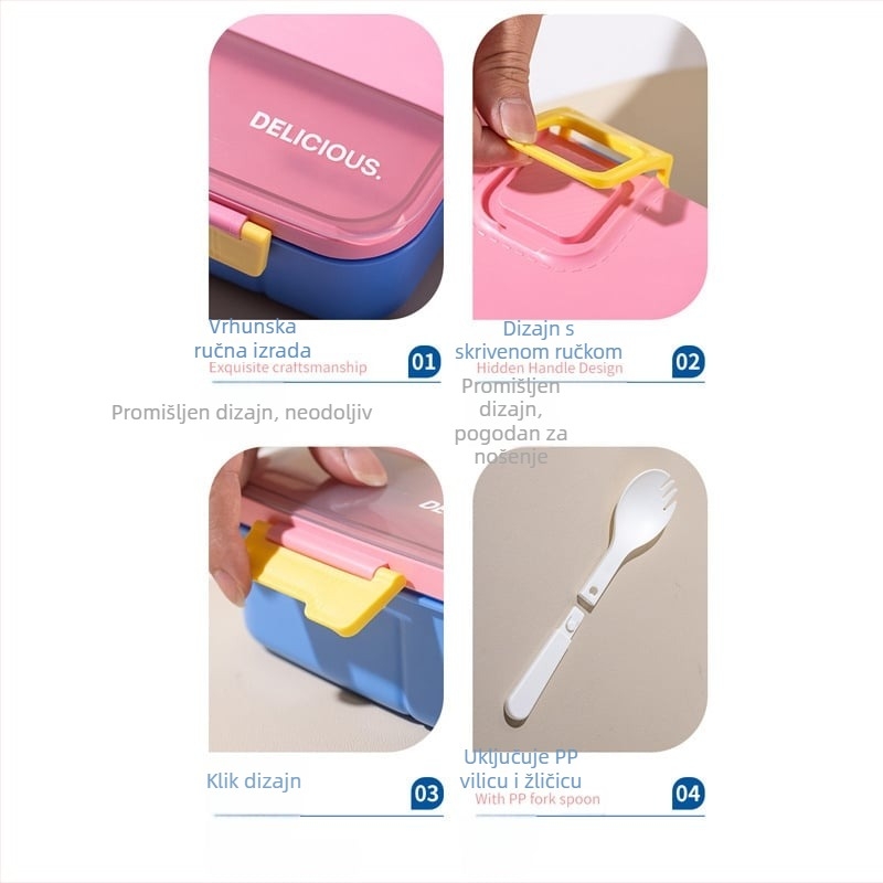 Great Beauty kutija za ručak od plastike, kvadratnog oblika, kompatibilna s mikrovalnom pećnicom, s ugrađenim priborom i hermetičnim pretincima, kapacitet 1-2 L