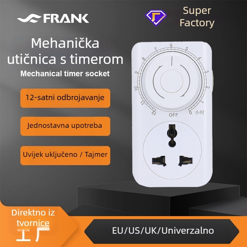 Utičnica s 12-satnim tajmerom i uzemljenjem – univerzalna utičnica, zaštita pri punjenju i prekidač