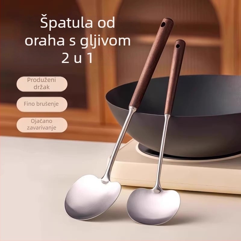 Kuhinjska lopatica od 304 nehrđajućeg čelika, drška od drveta, neprijanjajuća površina, otporna na toplinu, duga drška