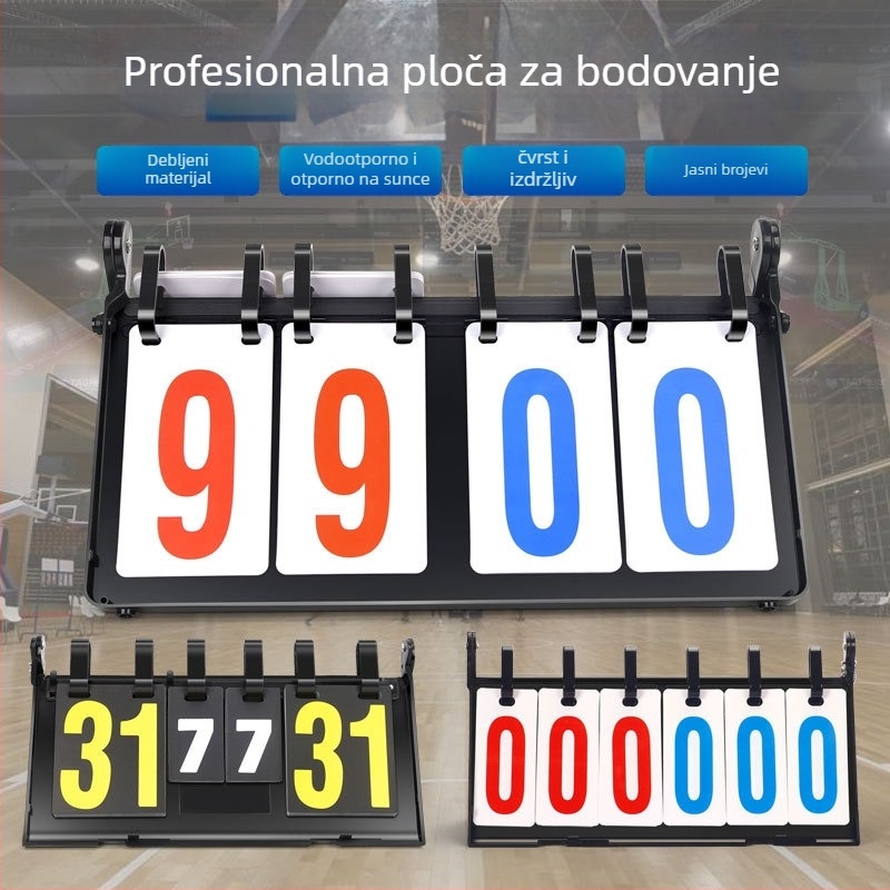 Tablica rezultata – ABS; kompatibilna s više sportova (košarka, nogomet, tenis, badminton, stolni tenis, odbojka); ispis loga; prilagodba; uključuje karticu zamjena i taktičku ploču