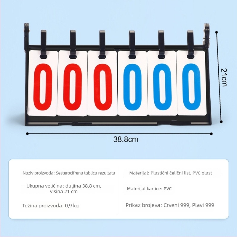 Tablica rezultata – ABS; kompatibilna s više sportova (košarka, nogomet, tenis, badminton, stolni tenis, odbojka); ispis loga; prilagodba; uključuje karticu zamjena i taktičku ploču