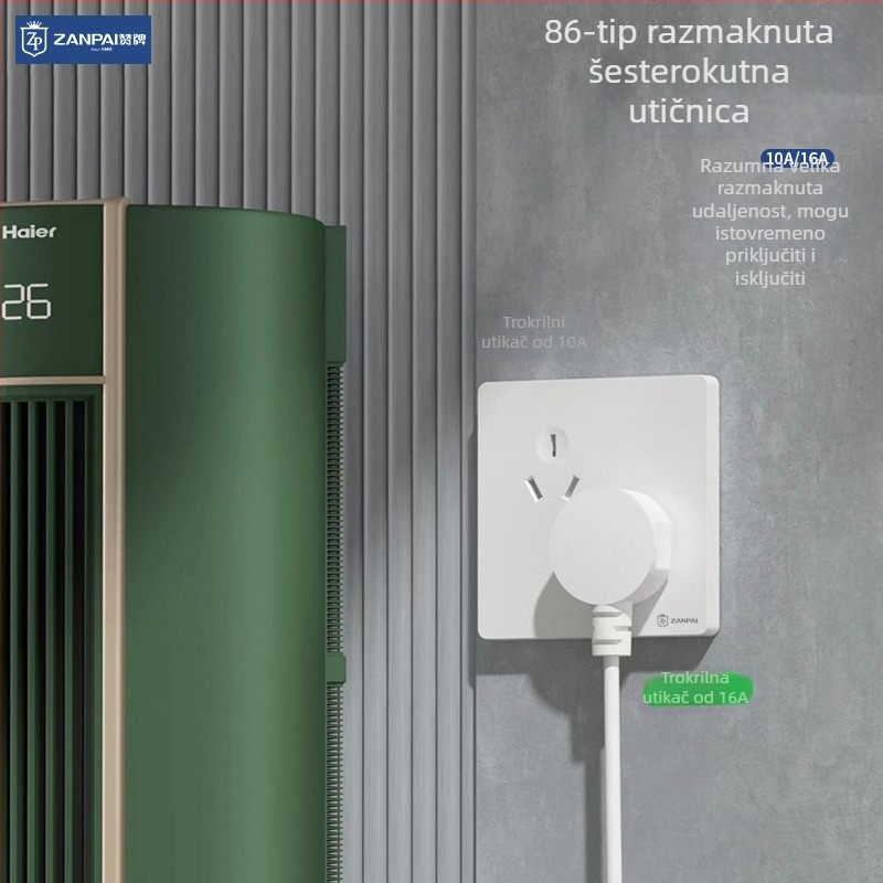 Zanpai 16A nagnuta šestodijelna utičnica, dvostruka trodijelna konfiguracija, zidni skriveni panel, CCC