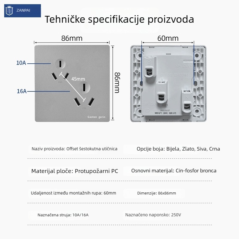 Zanpai 16A nagnuta šestodijelna utičnica, dvostruka trodijelna konfiguracija, zidni skriveni panel, CCC