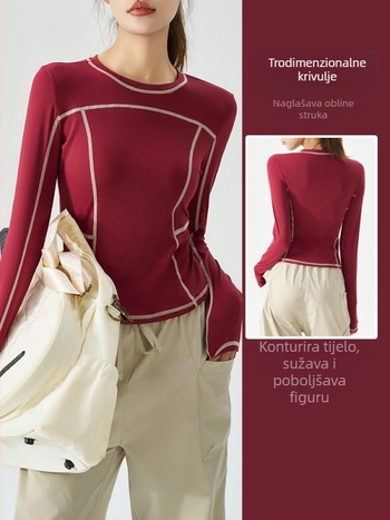 KURYOGA Ženski dugi rukav Slim-Fit trening top — vanjska tkanina Nylon 25% Spandex; podstava Nylon 75% Spandex; za fitness, trčanje, jogu; lansiranje 2025