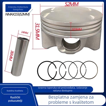 Piston za Yamaha NMAX155/NMAX125 – promjer 52 mm, 3 kanala za prstenove, kombinirani prsten, konični profil prstena, aluminij